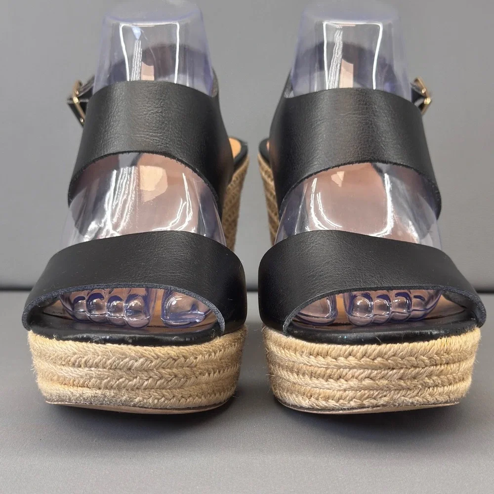 J.Crew Black Faux Leather Espadrille Wedge High Heel Sandals‎ 9M